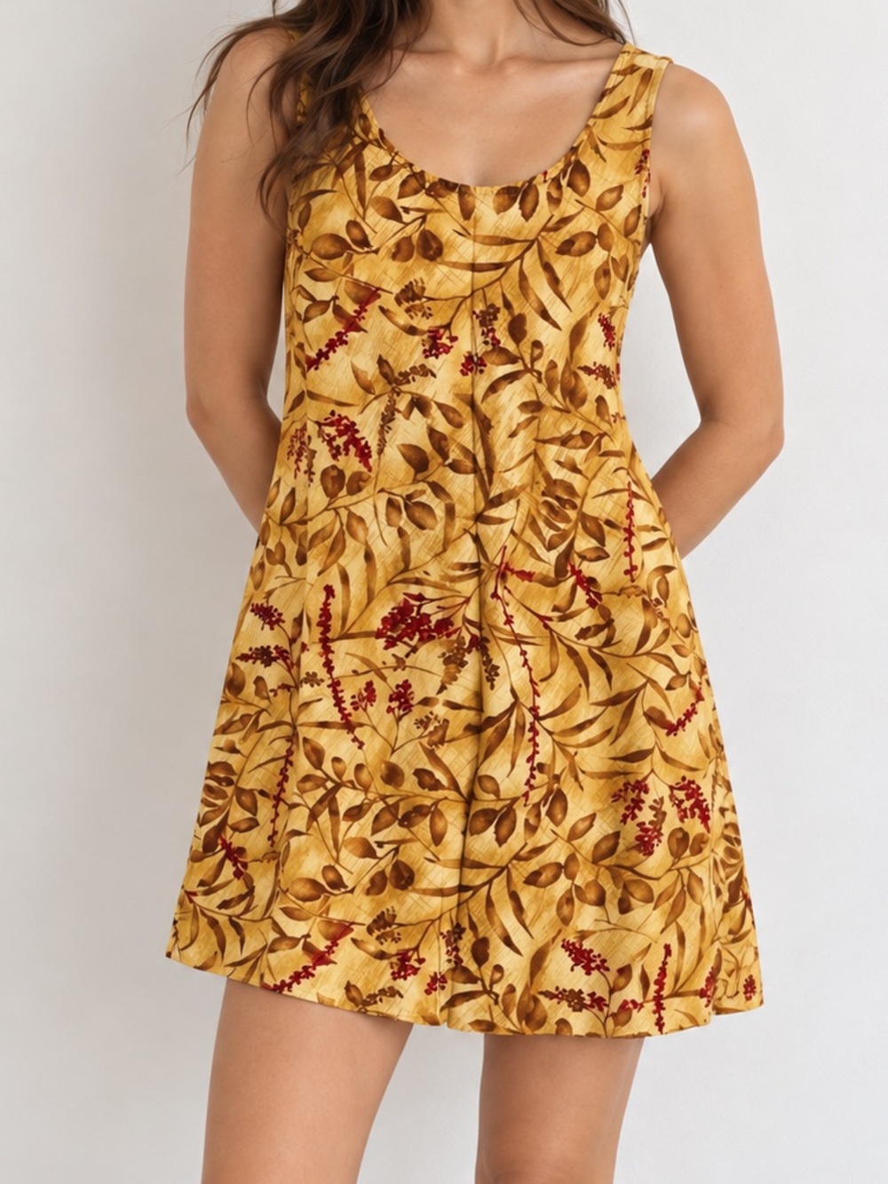 Vintage 90s Marisa Christina Gold Linen Floral Mini Shirt Dress Large